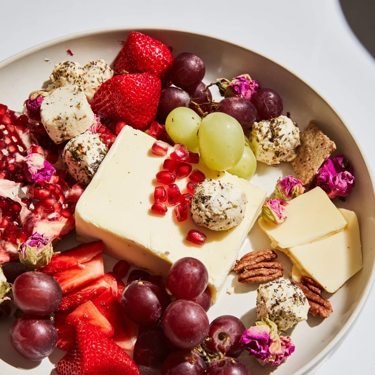 Rose Garden Romantic Platter features creamy brie with vibrant strawberries and delicate edible rose petals.