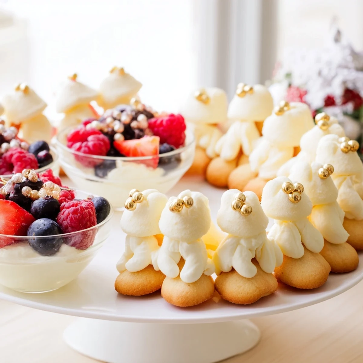 Princess crown dessert tray featuring golden cookies, white chocolate mousse, and colorful berries.