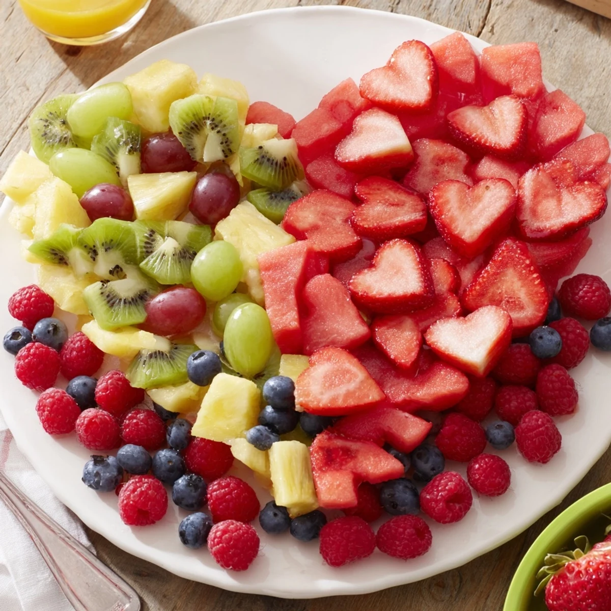 A colorful Sweetheart Fruit Board showcases fresh berries and tropical fruit, perfect for a special gathering.