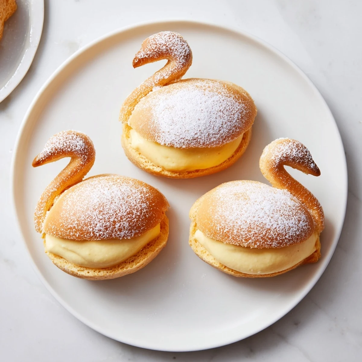 Beautifully decorated Feathered Friend Swan Pastry Platter, showing off soft, creamy vanilla filling inside.