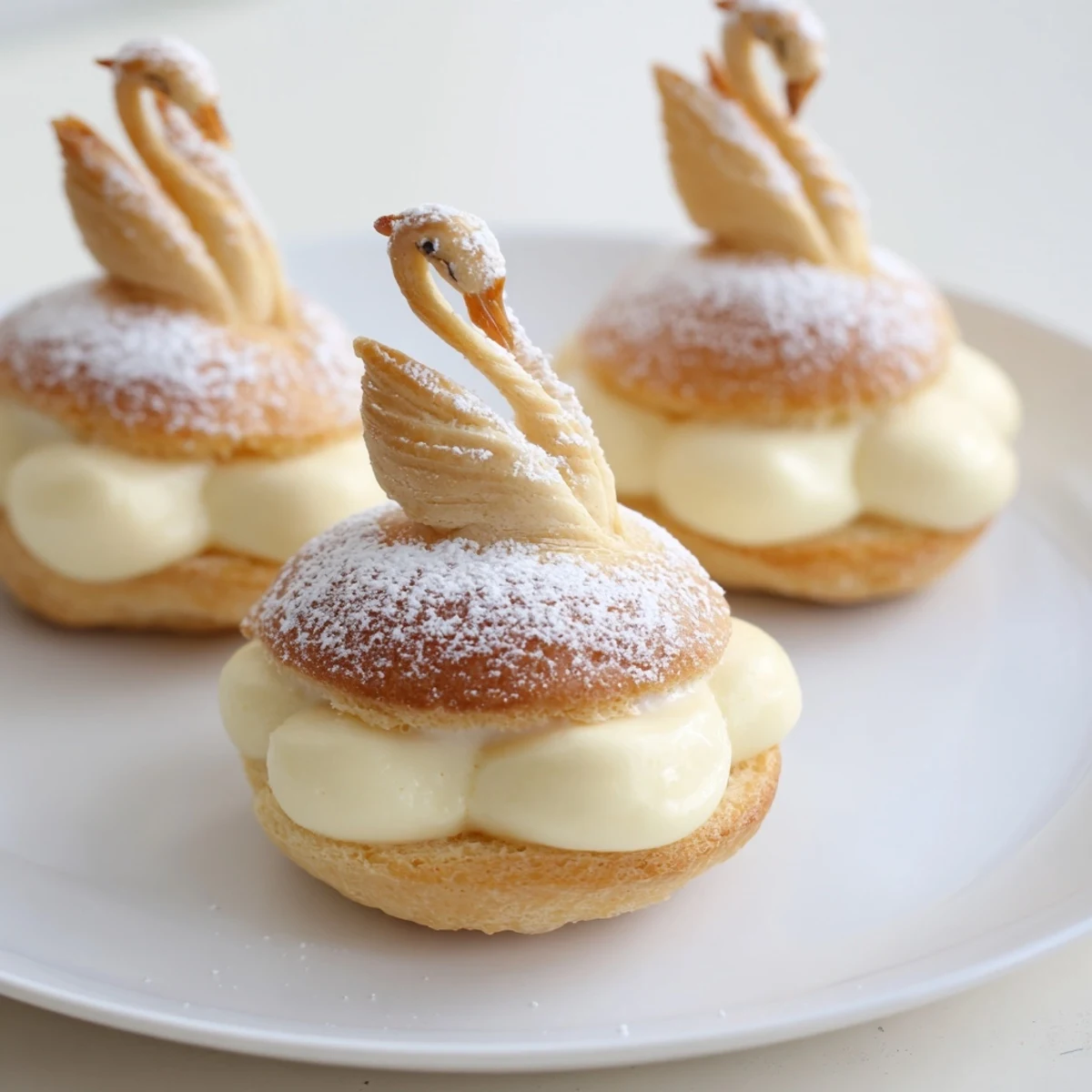 Elegant Feathered Friend Swan Pastry Platter, featuring golden swan puffs overflowing with vanilla cream.