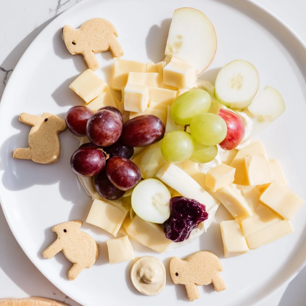 Savory Gentle Giant Elephant Cracker Board brimming with cheeses, fruit, and crackers; perfect appetizer.