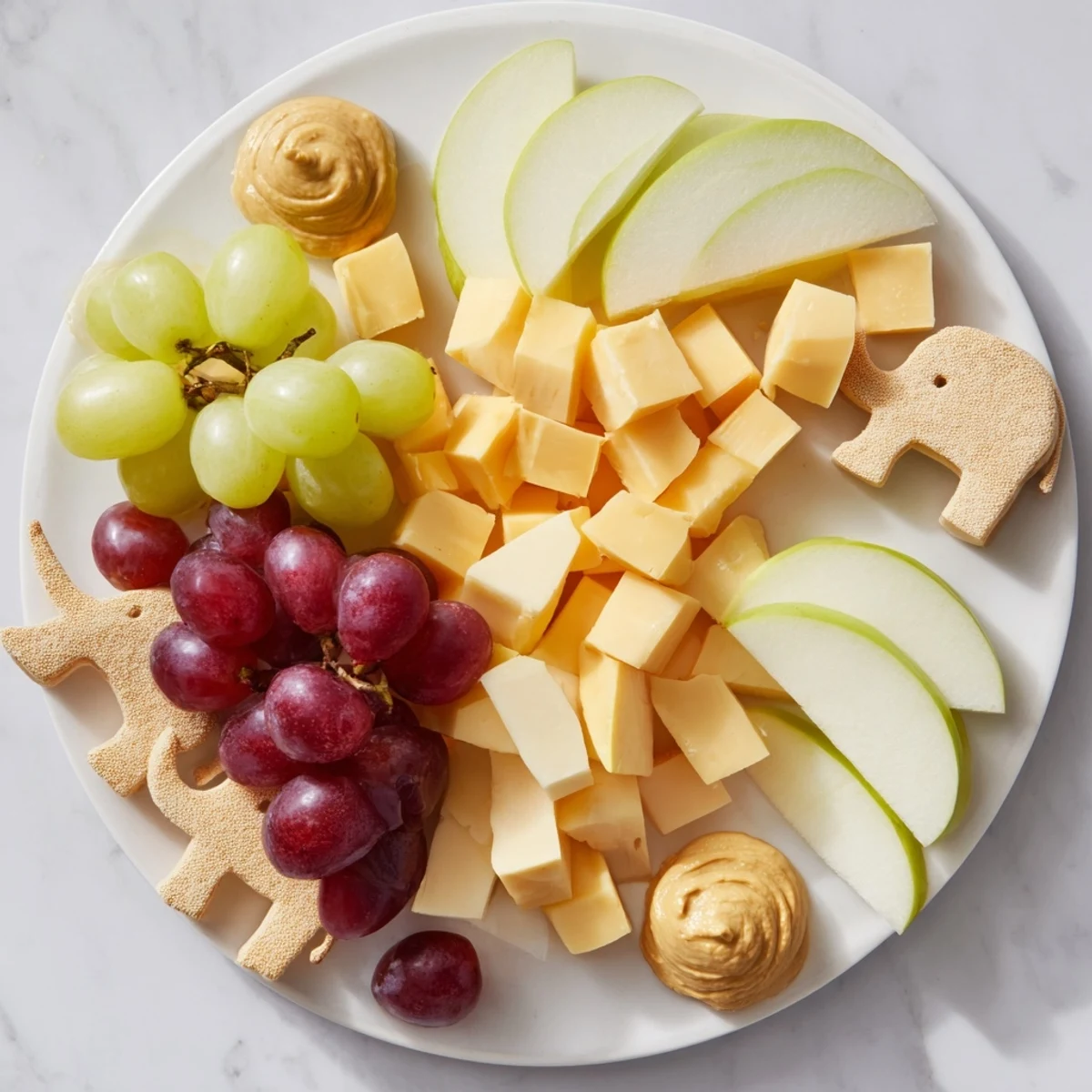 Vibrant image of a Gentle Giant Elephant Cracker Board, offering a variety of cheeses and fresh fruits for snacking.