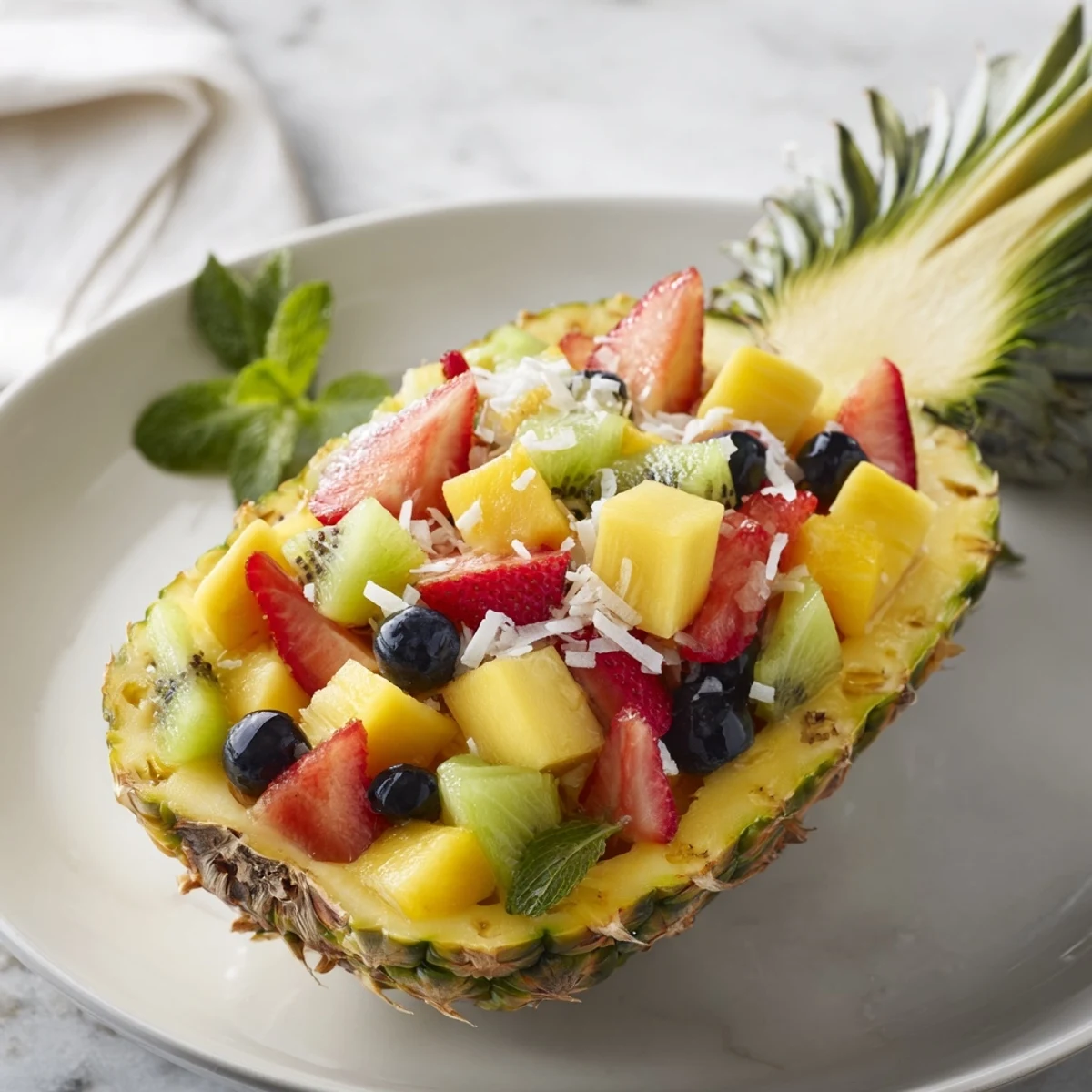 A brightly colored Tropical Bliss Pineapple Fruit Boat overflowing with fresh, juicy summer fruits.