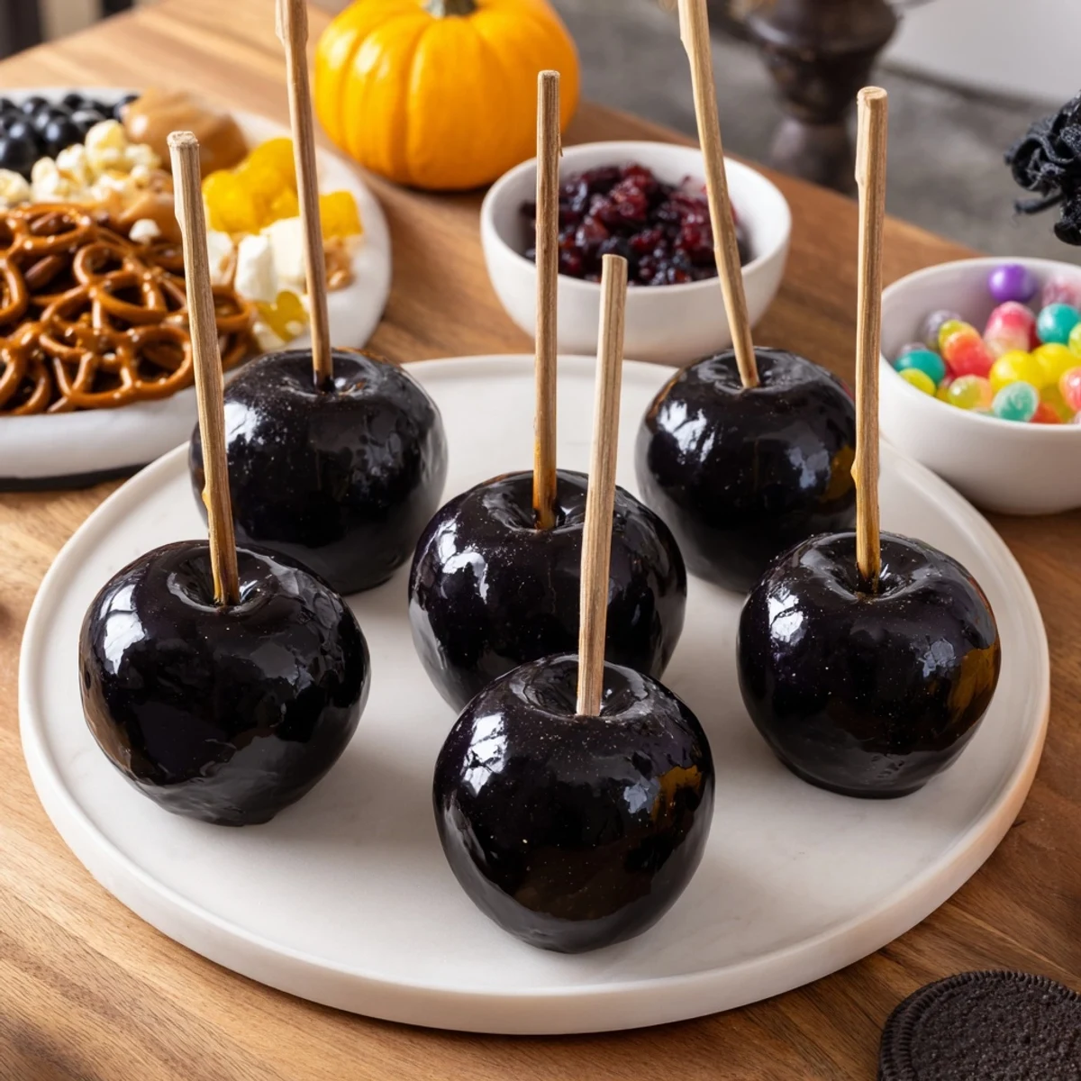 Vibrant Poison Apple Halloween Treat Board, dripping with glossy, black candy, ready to enchant guests.