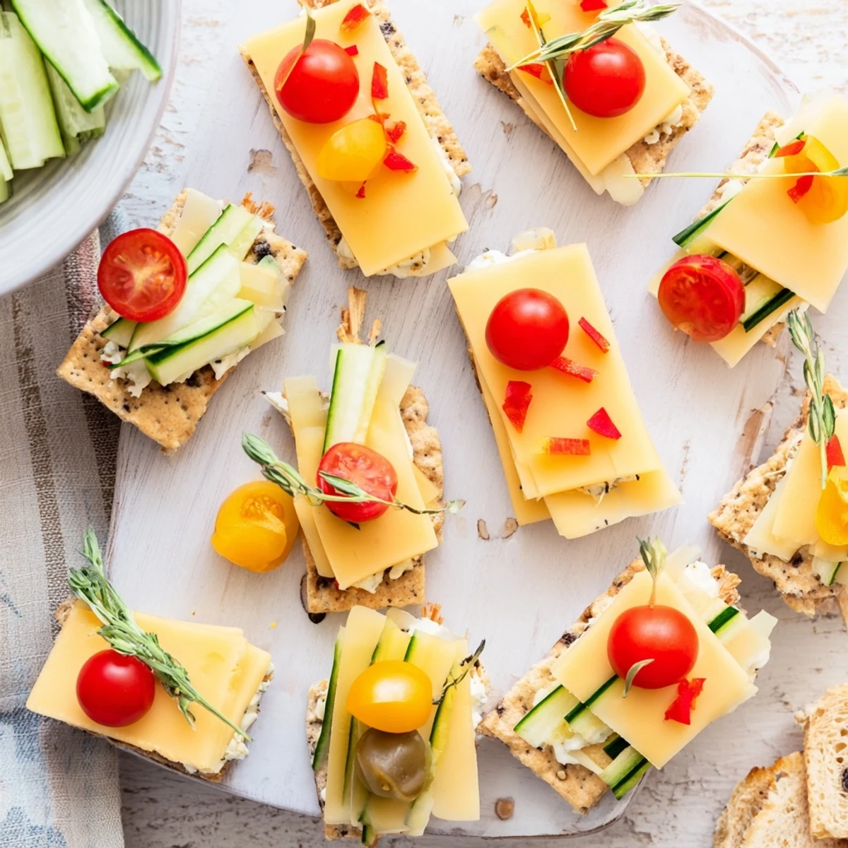 Vibrant Urban Skyscraper Appetizers feature layered cheeses, fresh vegetables, and tasty crackers for an elegant presentation.