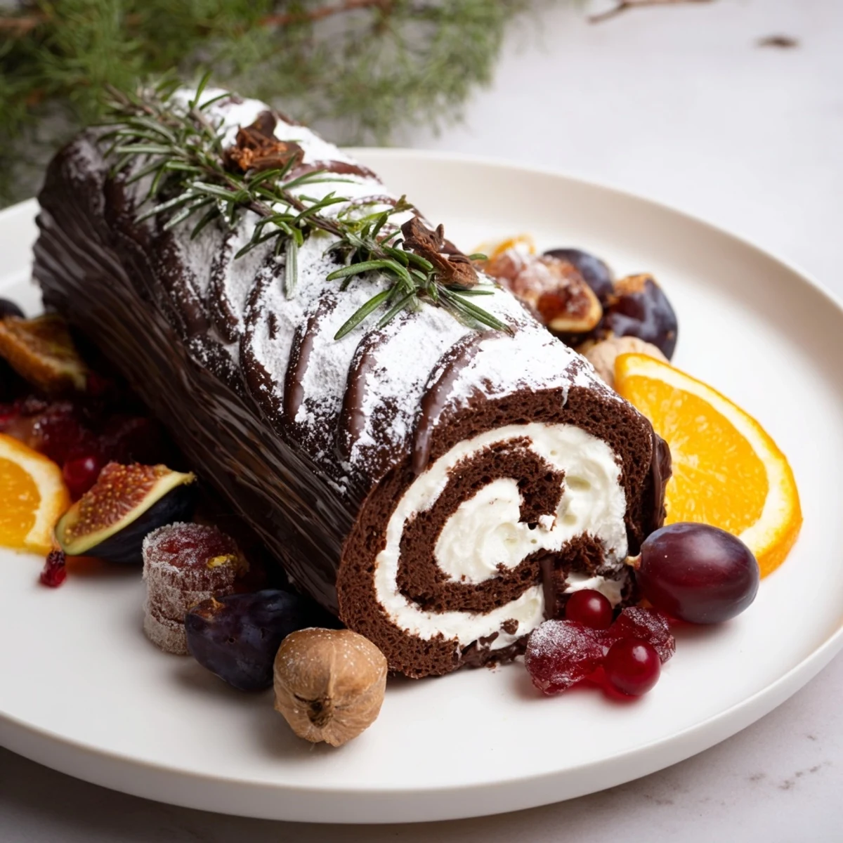 Delectable Winter Warmer: Fireplace Log Dessert Board featuring a chocolate roulade and festive winter treats.