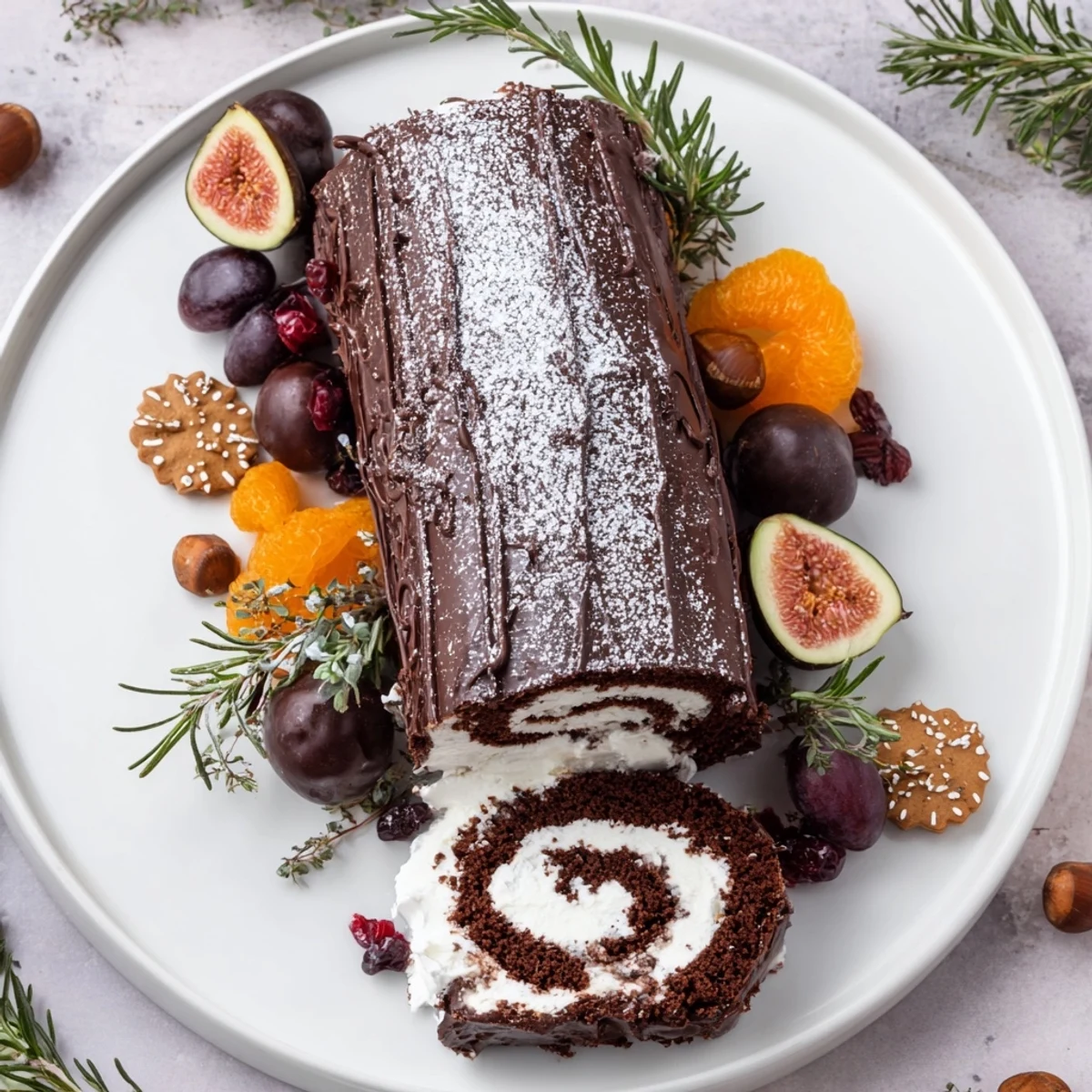 This inviting Winter Warmer recipe board showcases the chocolate roulade and seasonal flavors in detail.