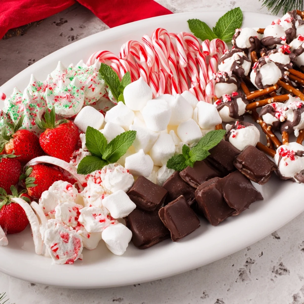 Vibrant Candy Cane Dessert Platter: a sweet visual of peppermint bark and chocolate-covered pretzels.