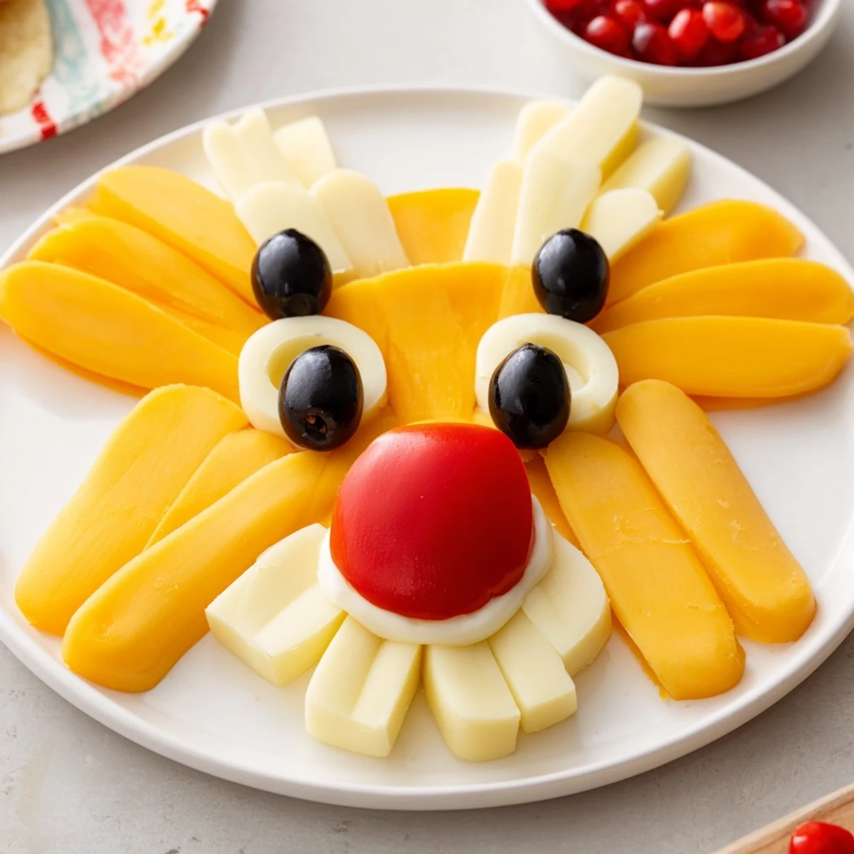 Cheesy Reindeer Face Platter: a cheerful holiday appetizer with cheddar, mozzarella, and gouda cheeses.