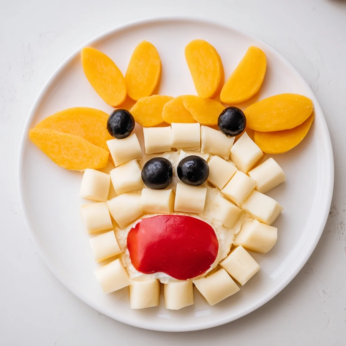 Festive Cheesy Reindeer Face Platter features cheese shaped like a reindeer, with a vibrant red pepper nose.