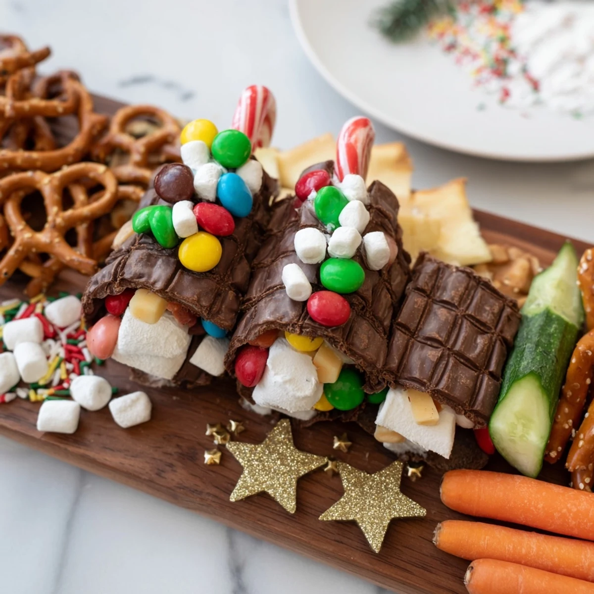 A festive Polar Express Train Treat Board, brimming with sweet and savory snacks for holiday celebrations.