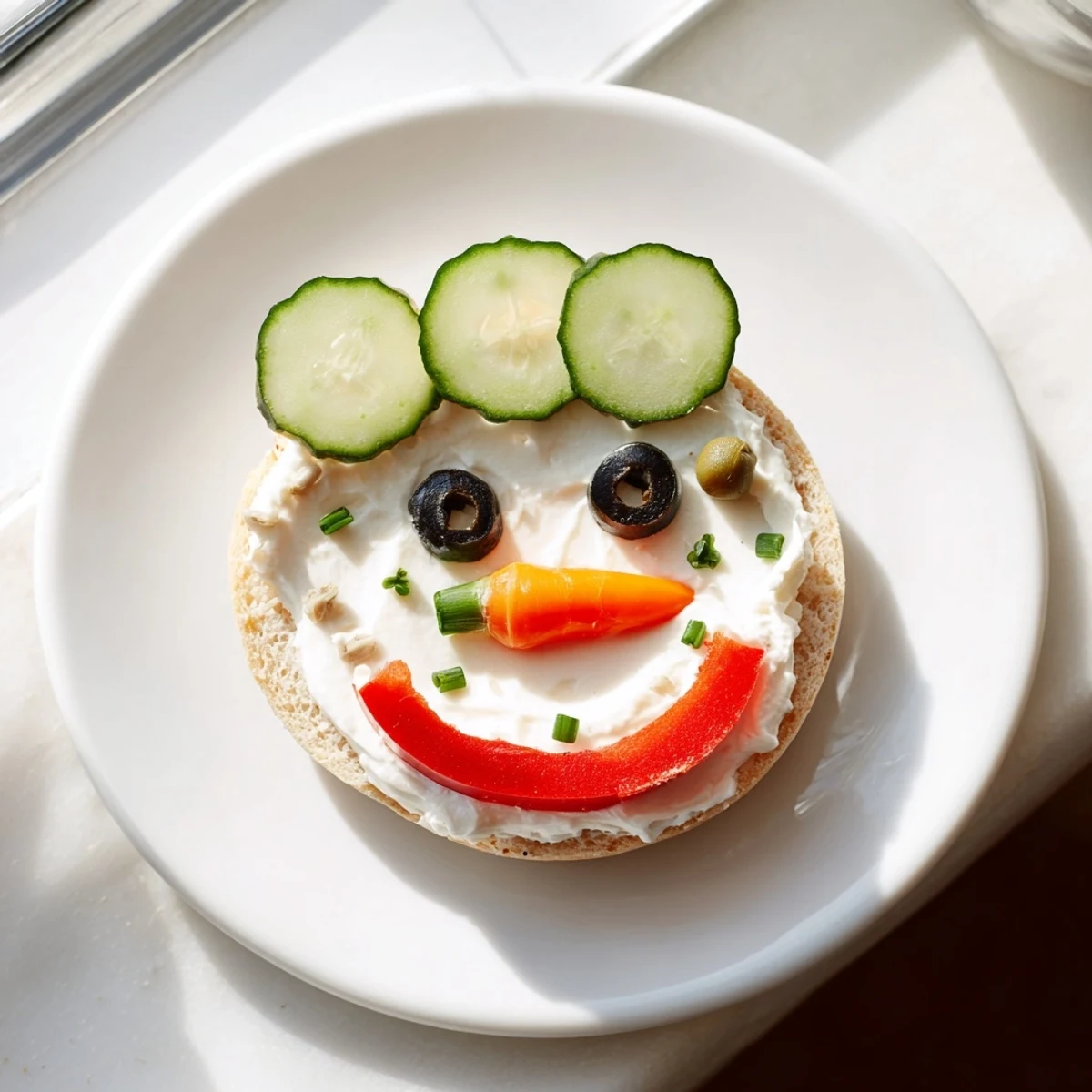 Snowman Mini Bagel Sandwiches featuring happy faces, carrots, and olives, ready for a fun holiday lunch.