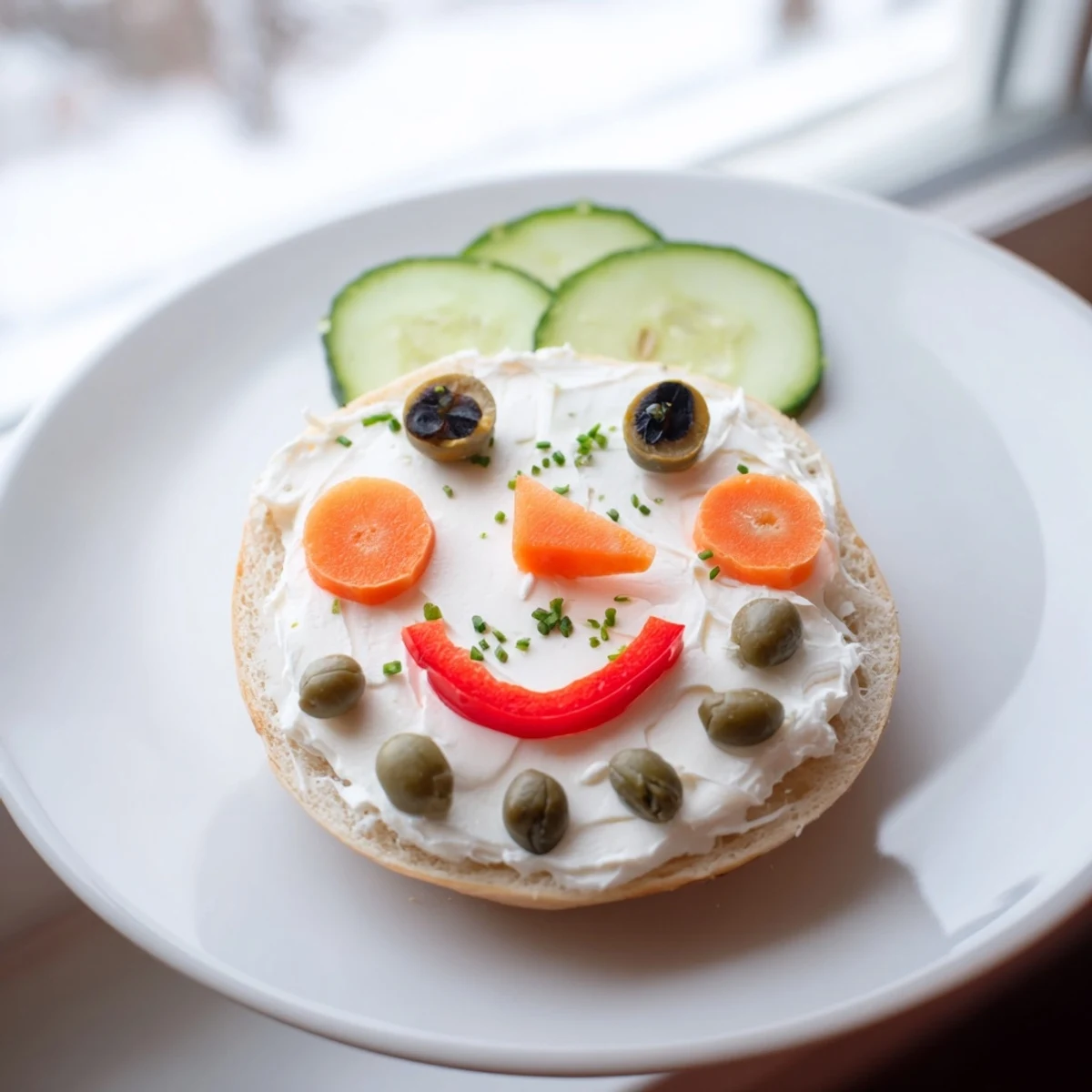 Delicious, decorated Snowman Mini Bagel Sandwiches, showcasing a close-up of the joyful, edible, winter-themed faces.