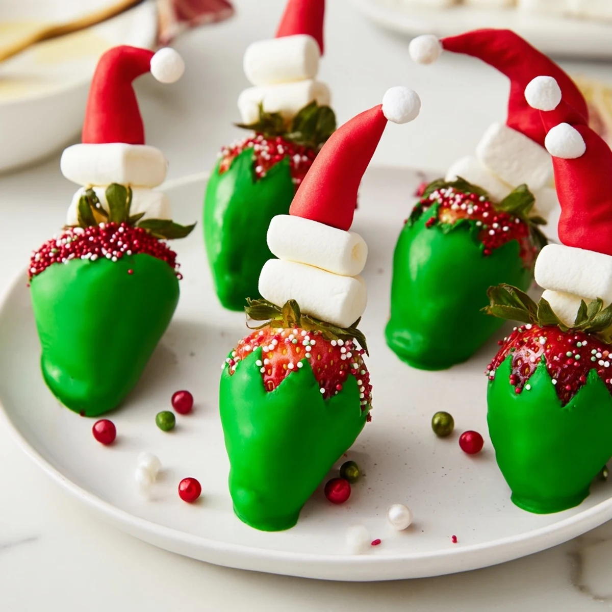 Close up of delicious Elf Hat Chocolate Dipped Strawberries, a perfect dessert ready to be shared.
