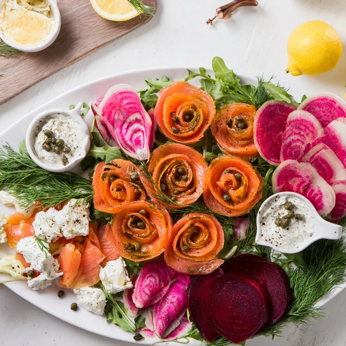 Festive Winter Harvest Smoked Salmon Board featuring colorful beets, salmon, and creamy cheeses ready to serve.