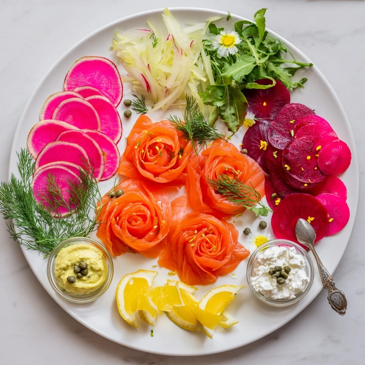 A gorgeous array of fresh ingredients on a Winter Harvest Smoked Salmon Board, perfect for elegant gatherings.