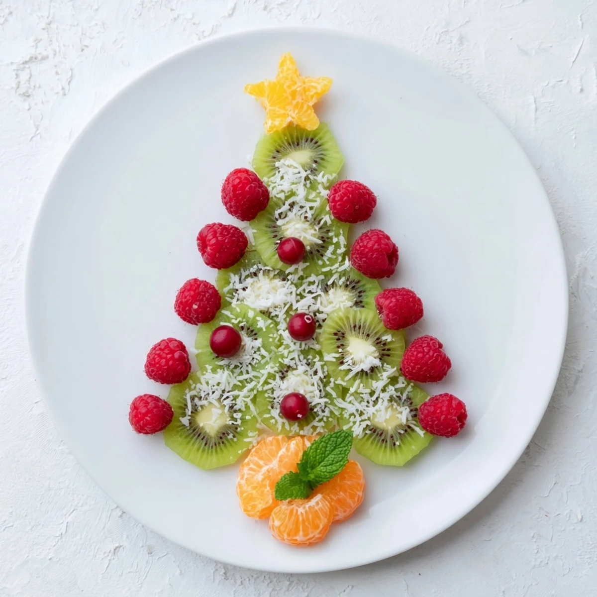 Fresh, colorful kiwi and raspberry Christmas tree fruit plate: perfect for a healthy holiday appetizer.