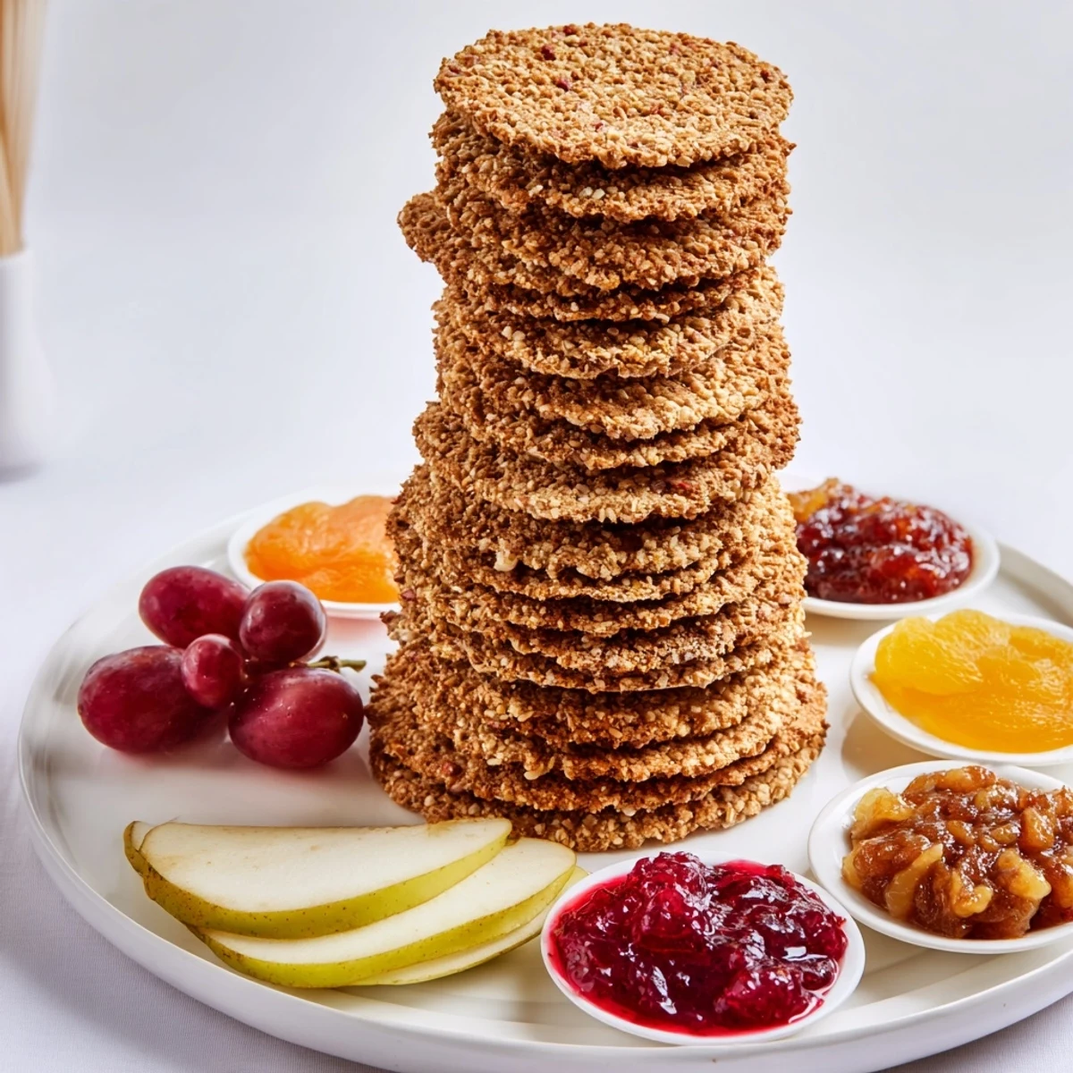 Gourmet Crackers arranged into a beautiful appetizer tower with various preserves and fresh grapes.