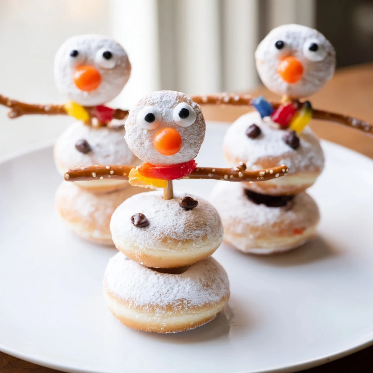 Mini Donut Snowman stacks are a festive dessert, featuring powdered donuts and candy details, perfect for kids.