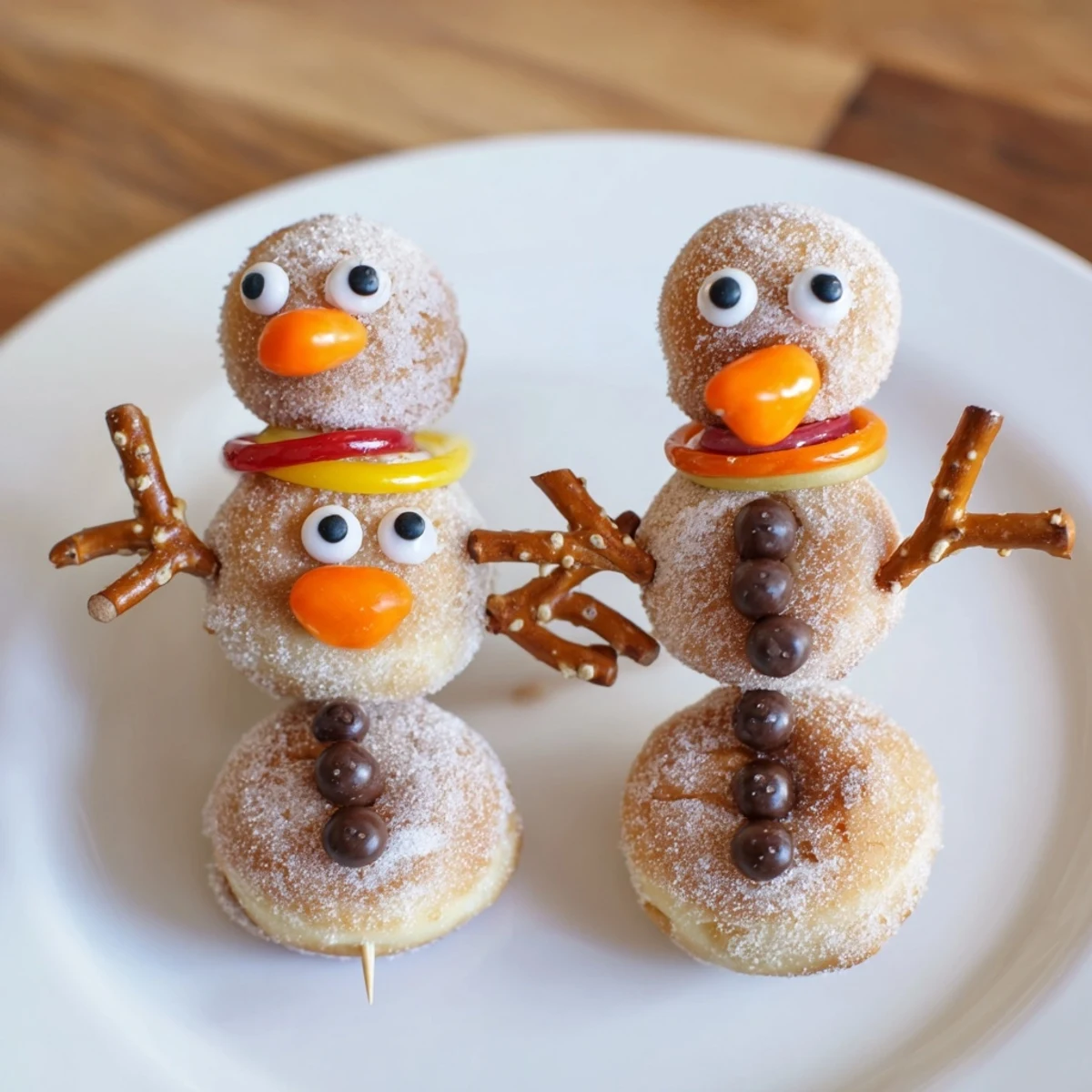 Enjoy delightful Mini Donut Snowmen, a no-bake treat with powdered donuts and edible decorative details, ready to serve.