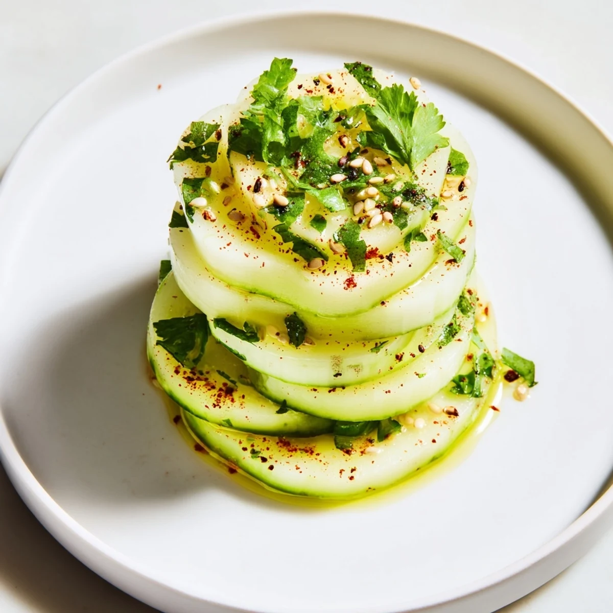 Freshly stacked jicama and cucumber slices with zesty dressing, a perfect appetizer.