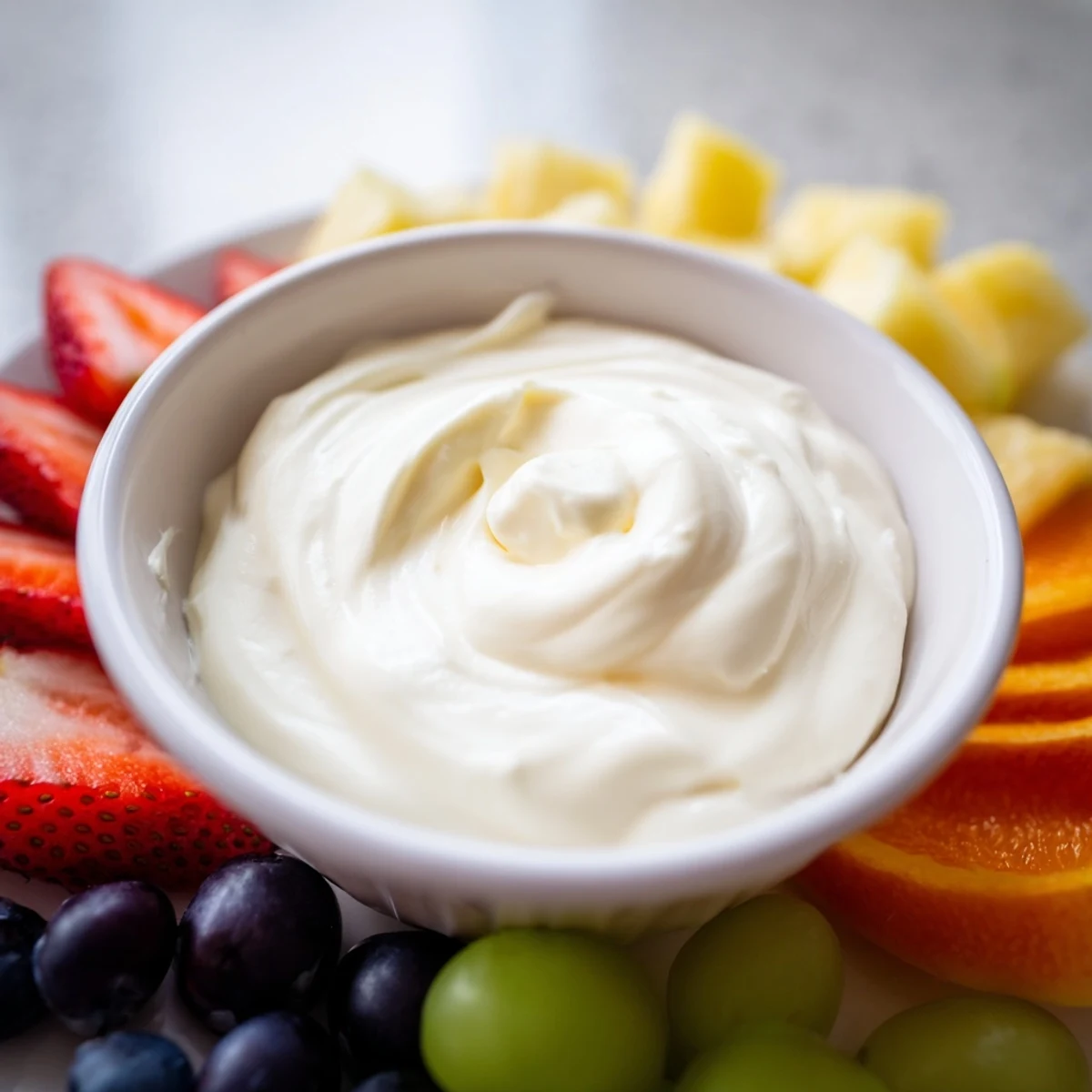 Creamy cream cheese fruit dip in a bowl surrounded by colorful, vibrant fresh berries and melon.