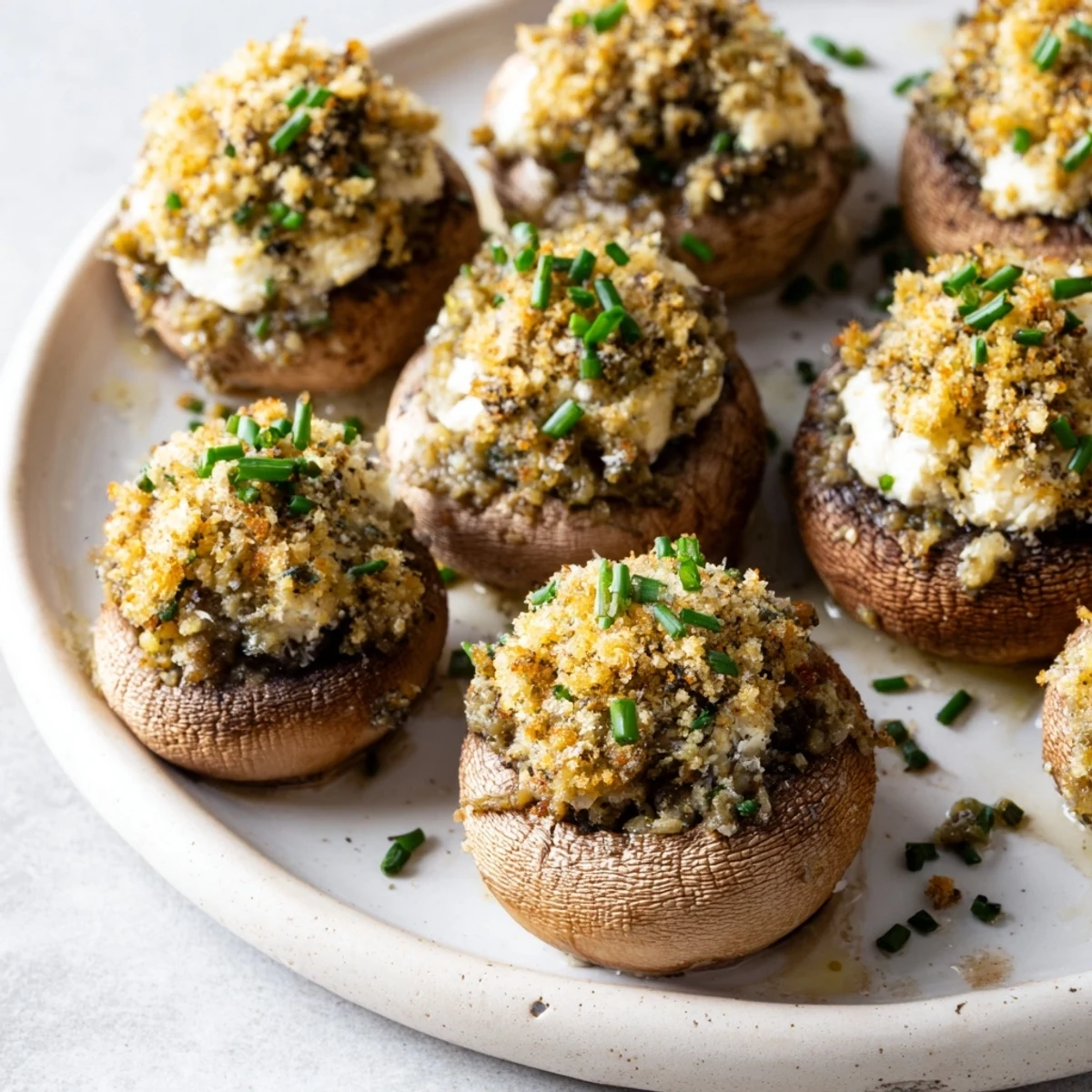 Golden-brown Stuffed Mushroom Caps arranged in a ring, a delicious vegetarian appetizer.