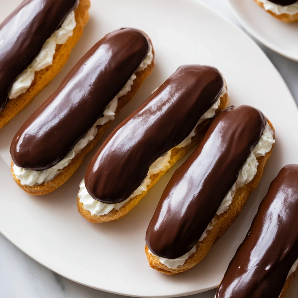Freshly made mini chocolate éclairs, bite-sized treats showing off the glossy chocolate glaze and creamy filling.