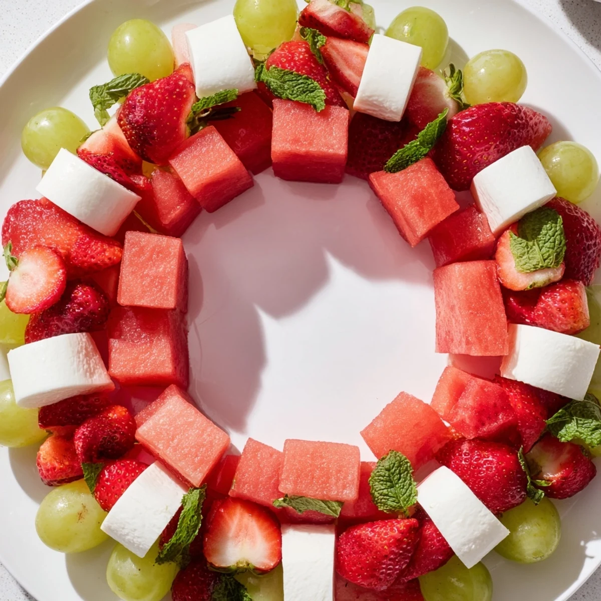 Bright red watermelon slice appetizer with grapes, cheese, and fresh strawberries, perfect for summer.