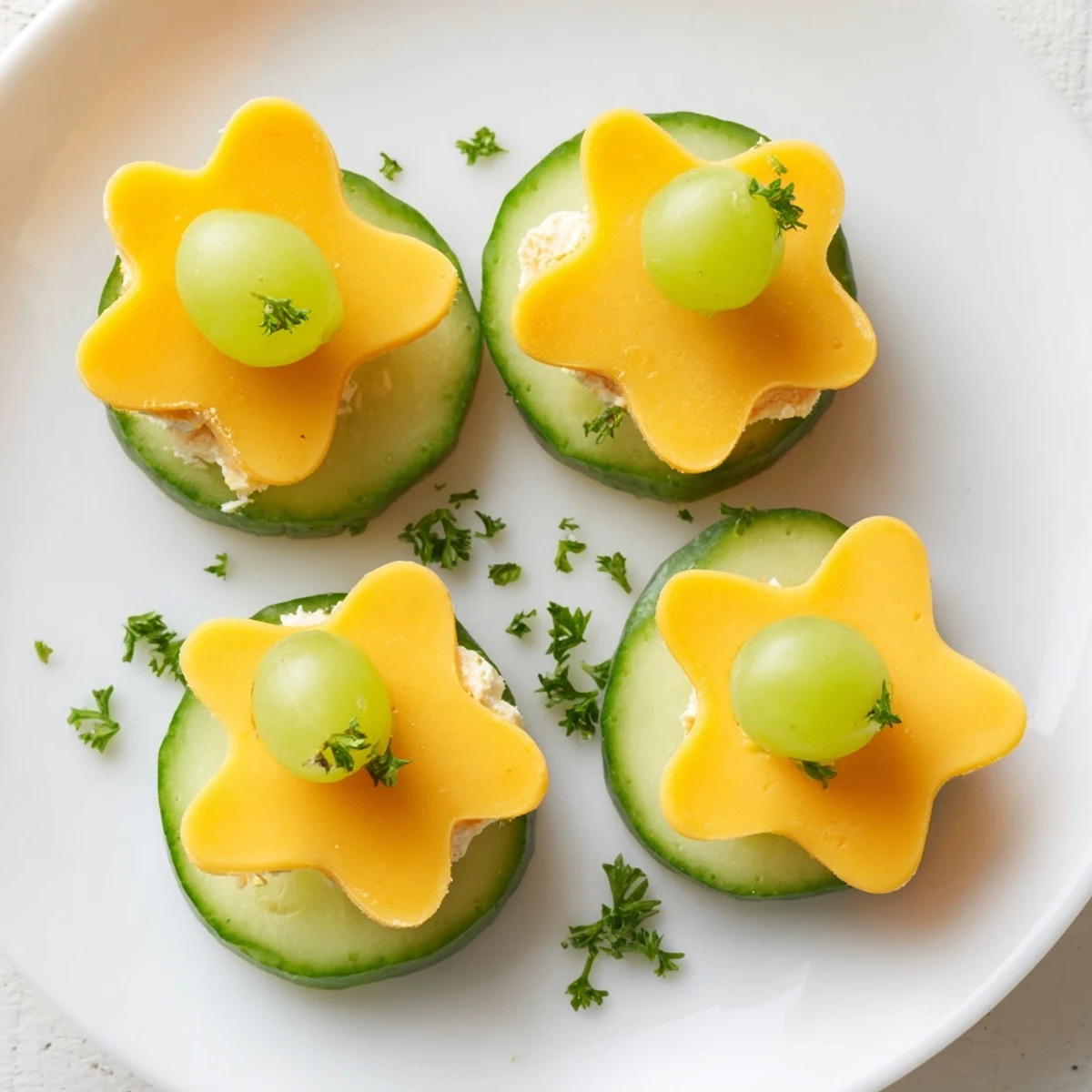 Vibrant Lucky Four-Leaf Clover Snack made with cucumbers and cheese, ready to brighten your platter.