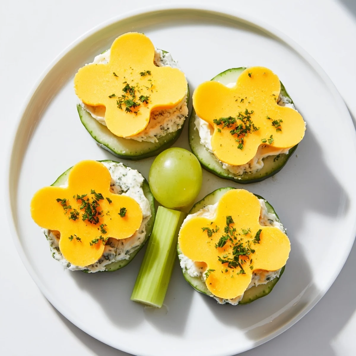 This colorful Lucky Four-Leaf Clover Snack showcases cucumber rounds, cheddar, and a fresh green stem.