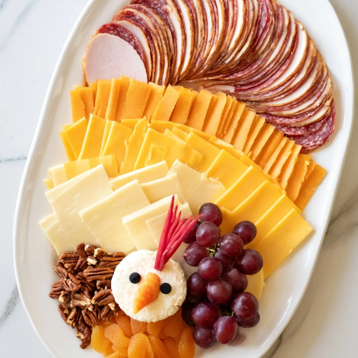 Overlapping cured meats and cheeses create The Turkey Tail, a stunning Thanksgiving charcuterie display.
