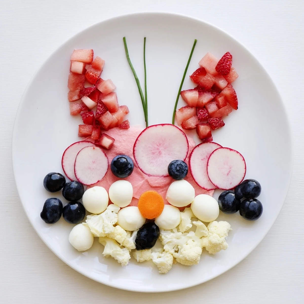 A colorful Bunny Silhouette appetizer platter, crafted with fresh fruits, vegetables, cheeses, and olives.