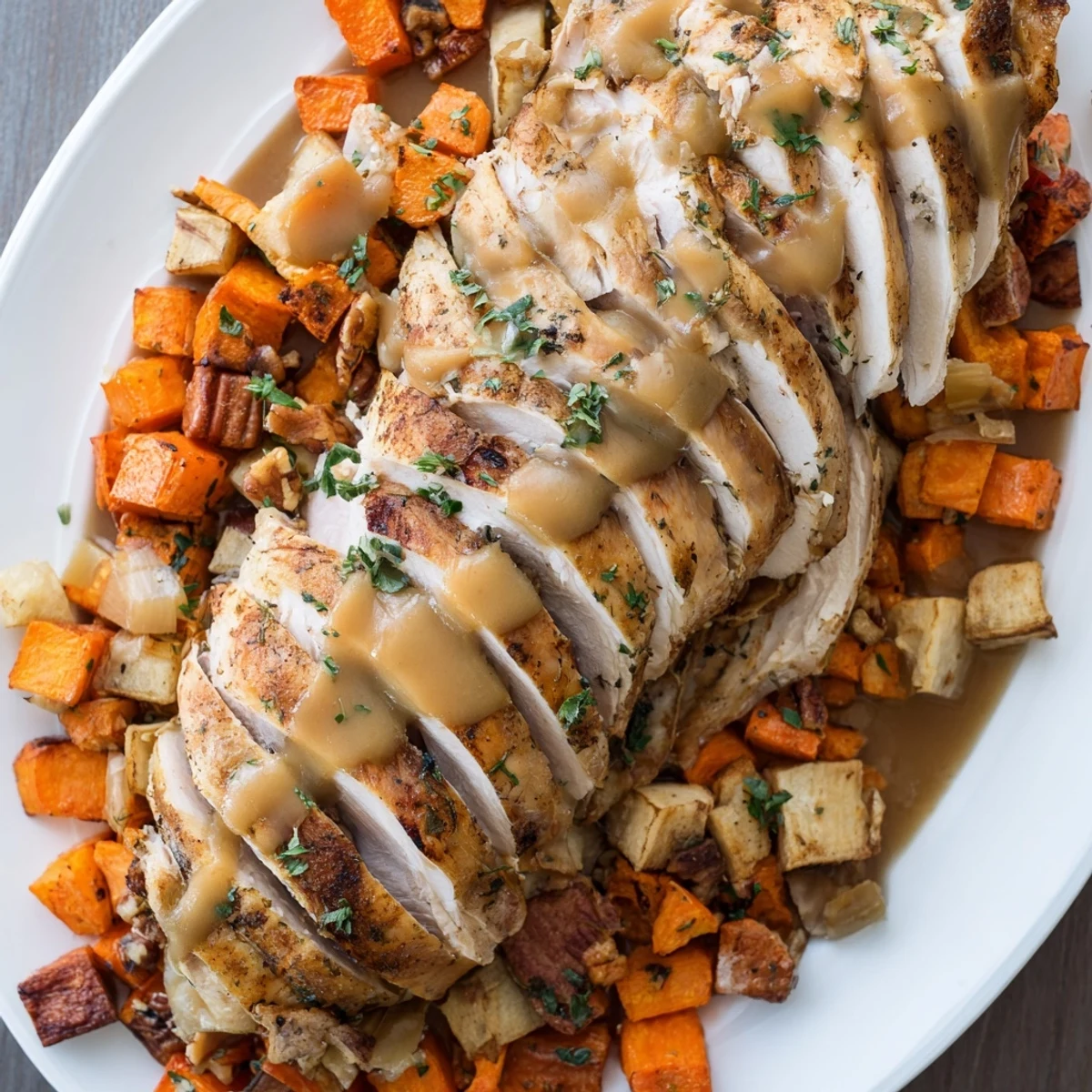 Thanksgiving Chains of the Mayflower main dish, golden-brown turkey and roasted vegetables displayed in a festive chain.