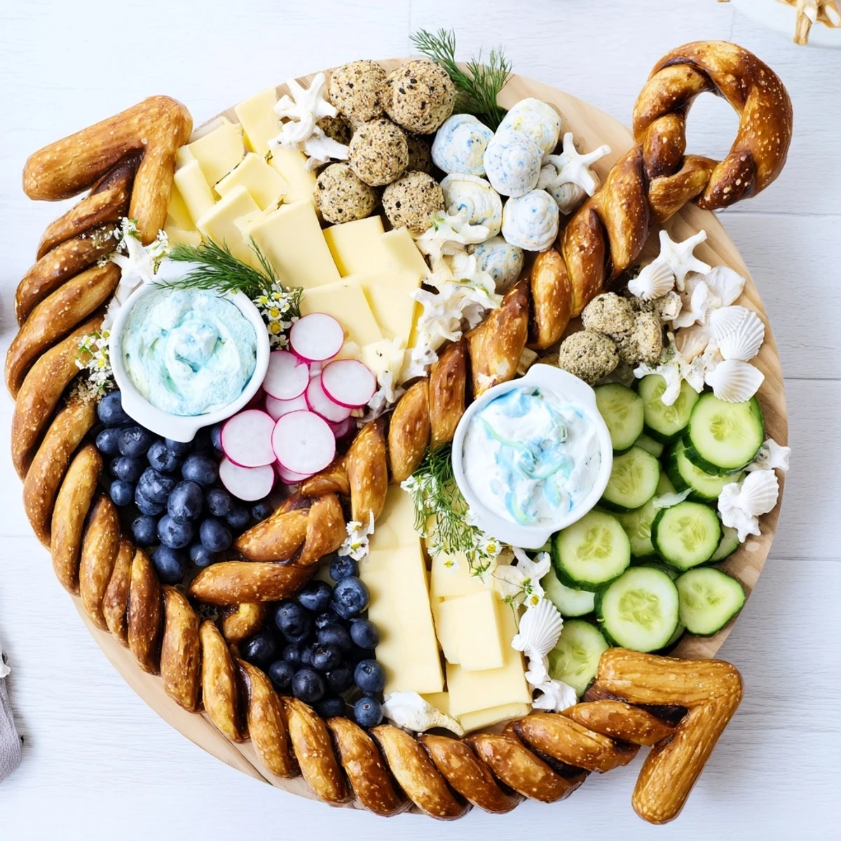 Arrangement of The Anchor Maritime Board appetizer featuring pretzels, blue cheese, and fresh fruits with stunning visuals.