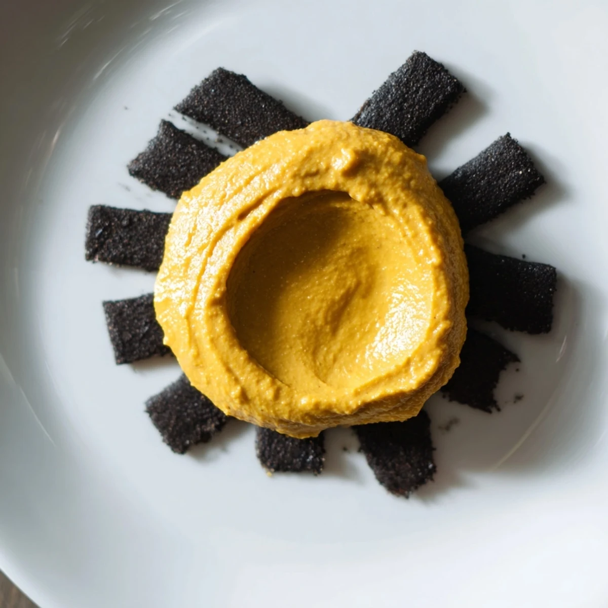 Charcoal crackers encircle The Midnight Sun, a vivid carrot turmeric dip, perfect for effortless entertaining.