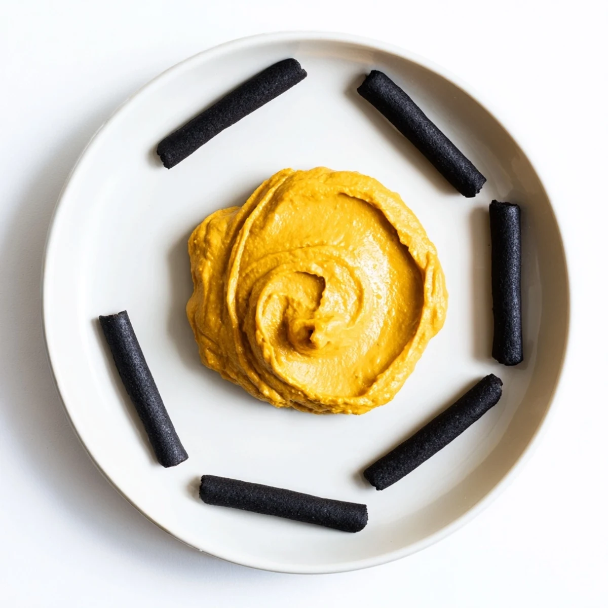 Crispy black crackers and vibrant carrot dip create The Midnight Sun, an appetizer visually and texturally delighting.