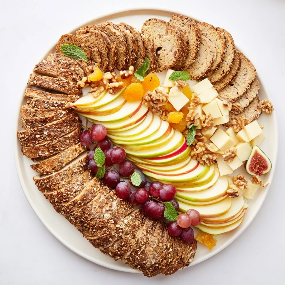 The Harvest Scythe appetizer shows a rustic arrangement of breads, fruits, and cheeses, ready to serve.