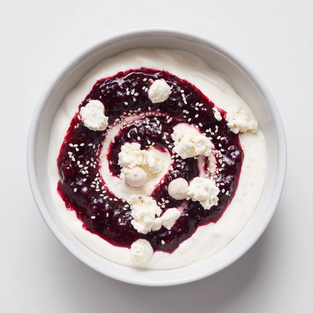 The Galaxy Spiral dessert: vibrant berry swirls with creamy yogurt, dotted with goat cheese.