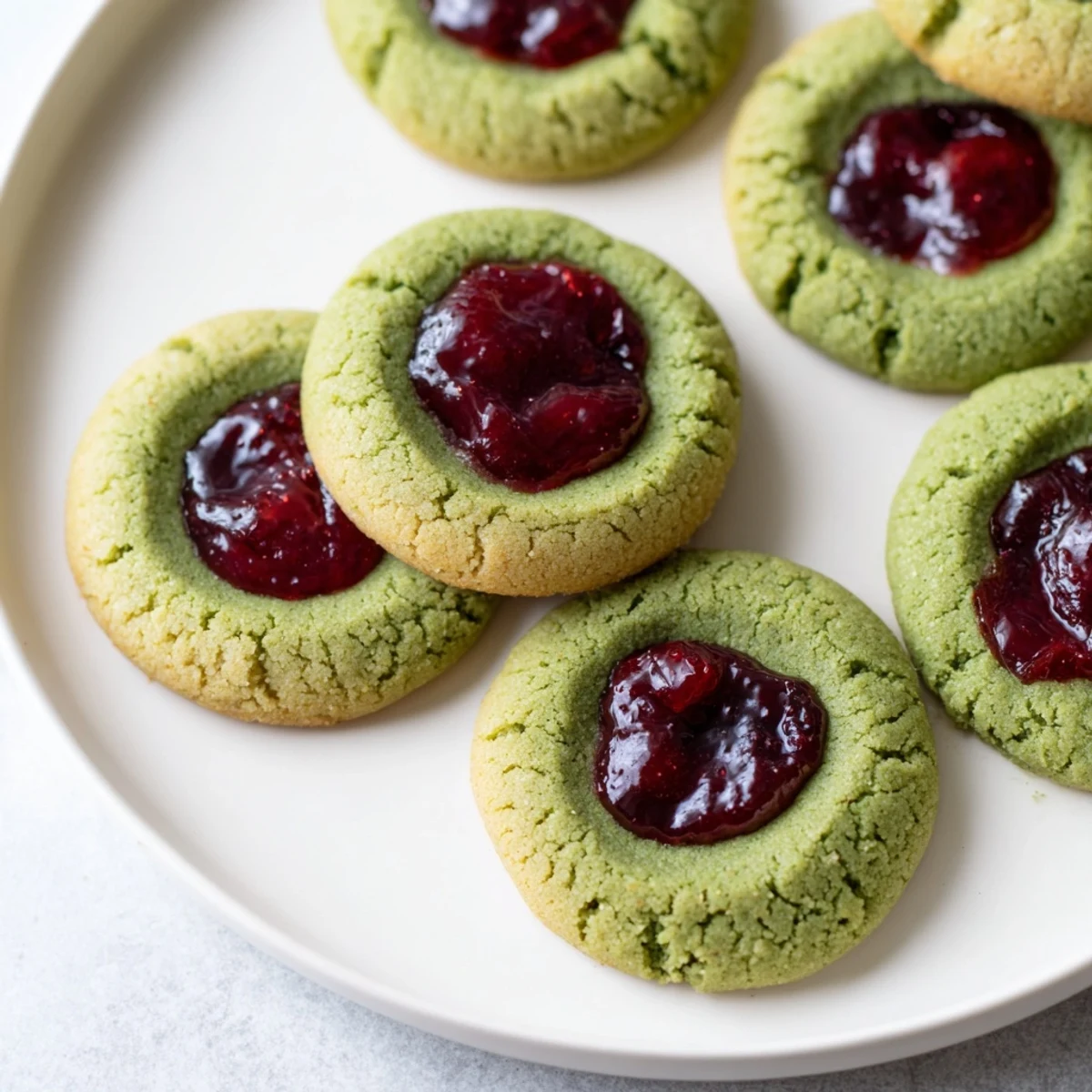 Freshly baked Matcha Cranberry Shortbread Thumbprint Cookies, showcasing vibrant green and ruby red colors.