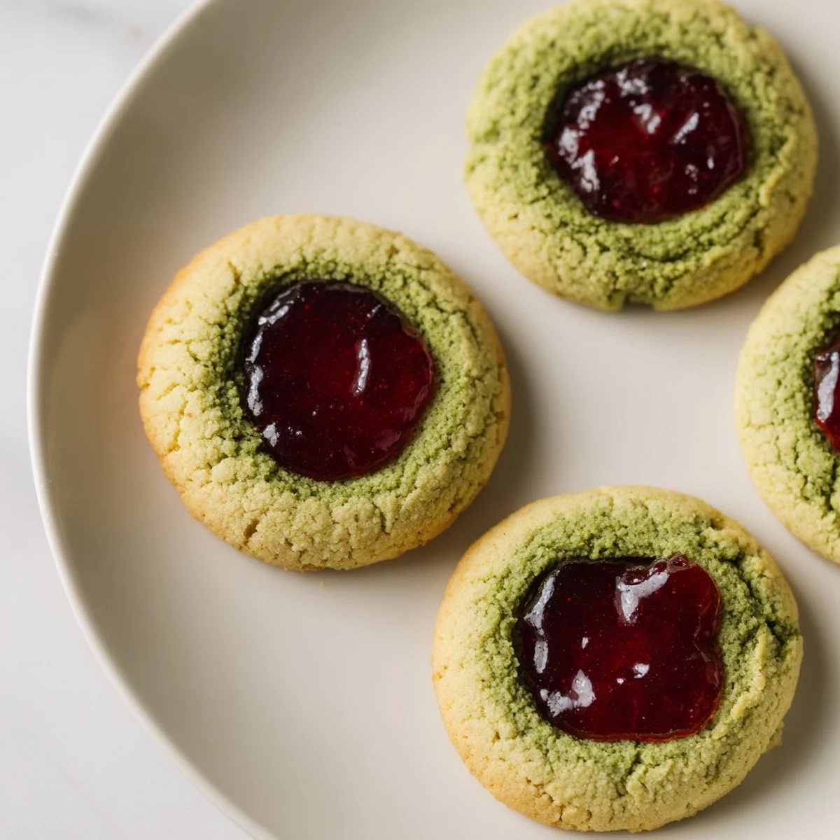 A close-up of Matcha Cranberry Shortbread Thumbprint Cookies; buttery shortbread holds sweet cranberry filling.