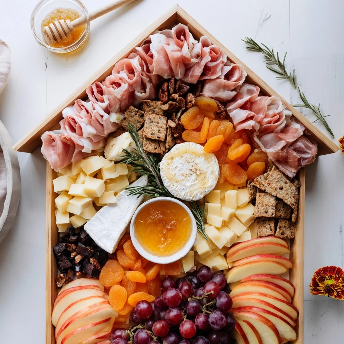 A beautifully arranged Sweet Home Charcuterie Board filled with a variety of textures and flavors.