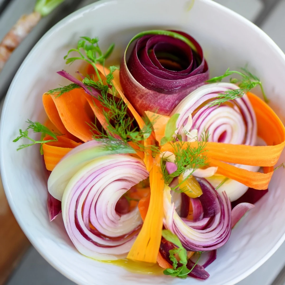 This colorful, fresh Spinning Top Salad showcases wispy vegetables and a light lemon-herb dressing.