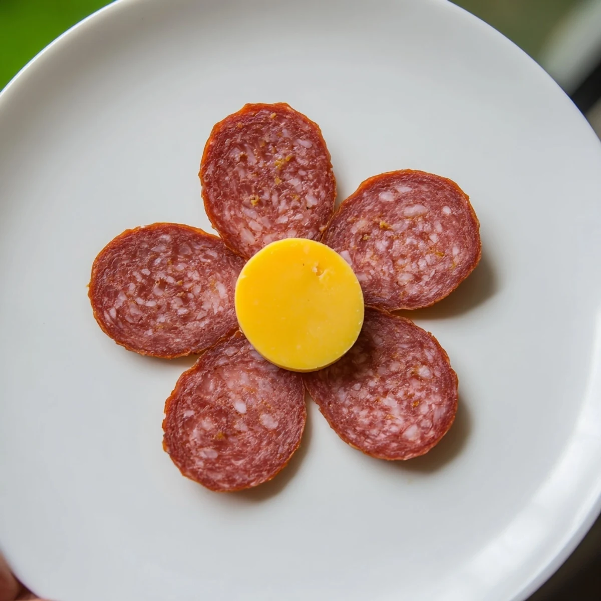 The Tudor Rose appetizer displays vibrant salami petals around a yellow cheese center, ready to enjoy.