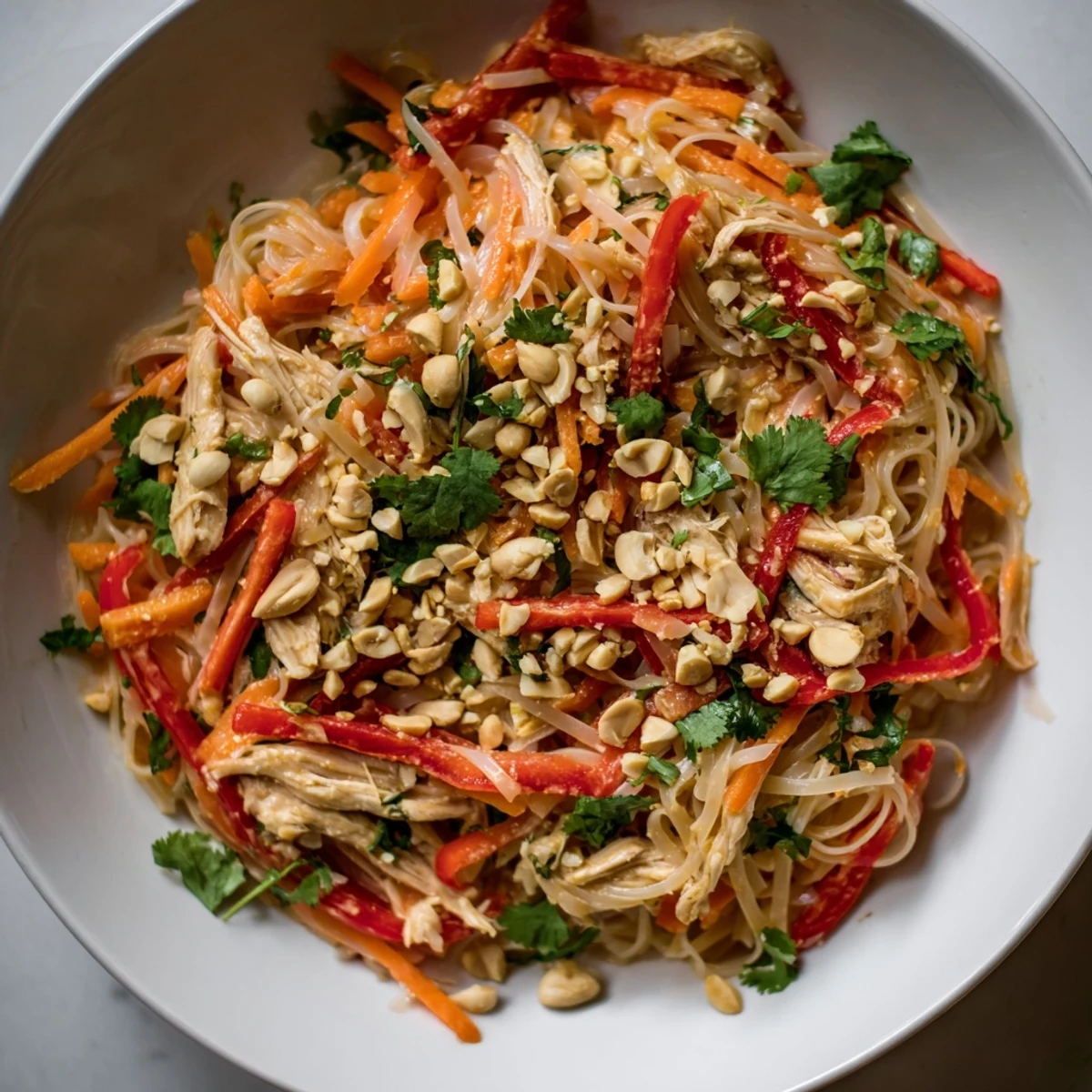 Thai-Inspired Peanut Chicken Pasta, a colorful bowl with noodles, chicken, and a creamy peanut sauce.