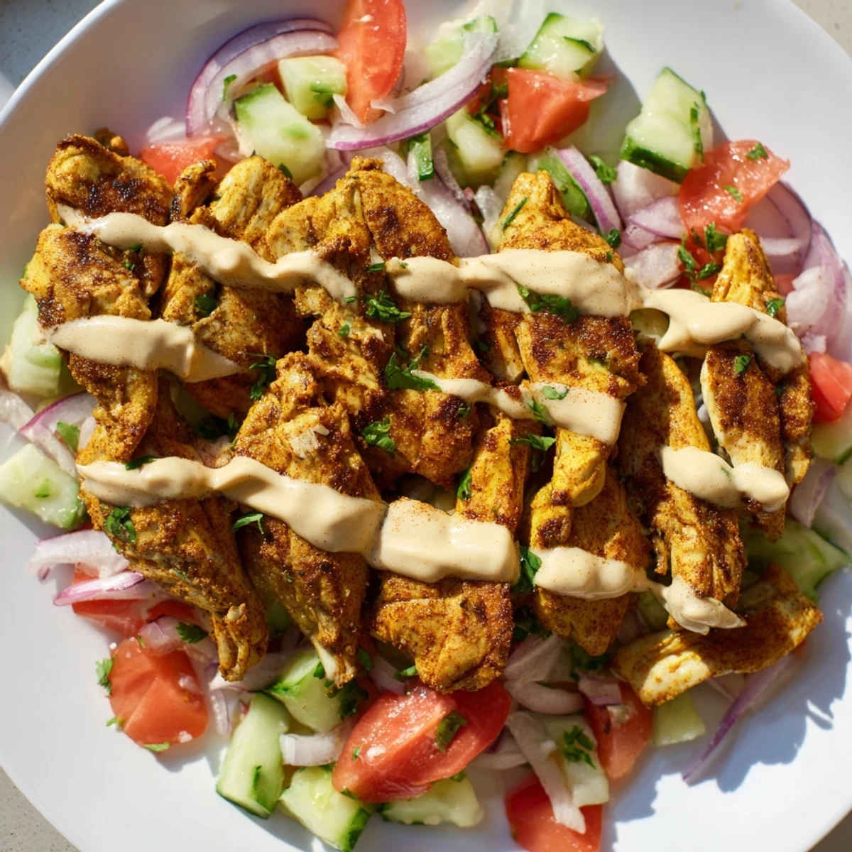 A close-up shot of a Chicken Shawarma Salad, showcasing tender chicken and vibrant vegetables.