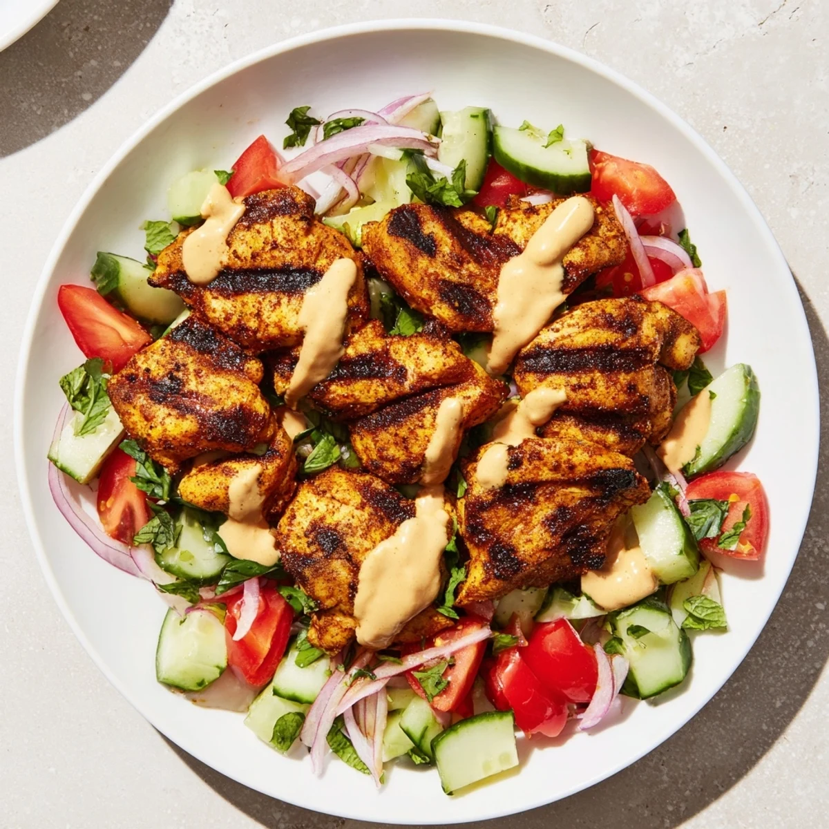 Enjoy a delicious Chicken Shawarma Salad, a Middle Eastern delight with savory spiced chicken.