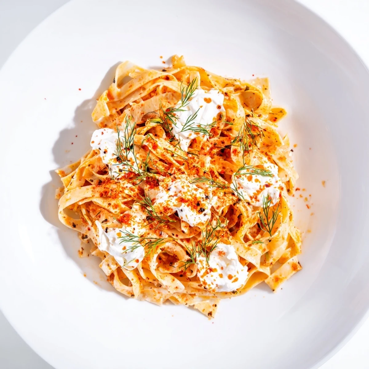 Steaming Turkish Pasta with vibrant paprika butter, creamy yogurt, and fresh herbs looks delicious.