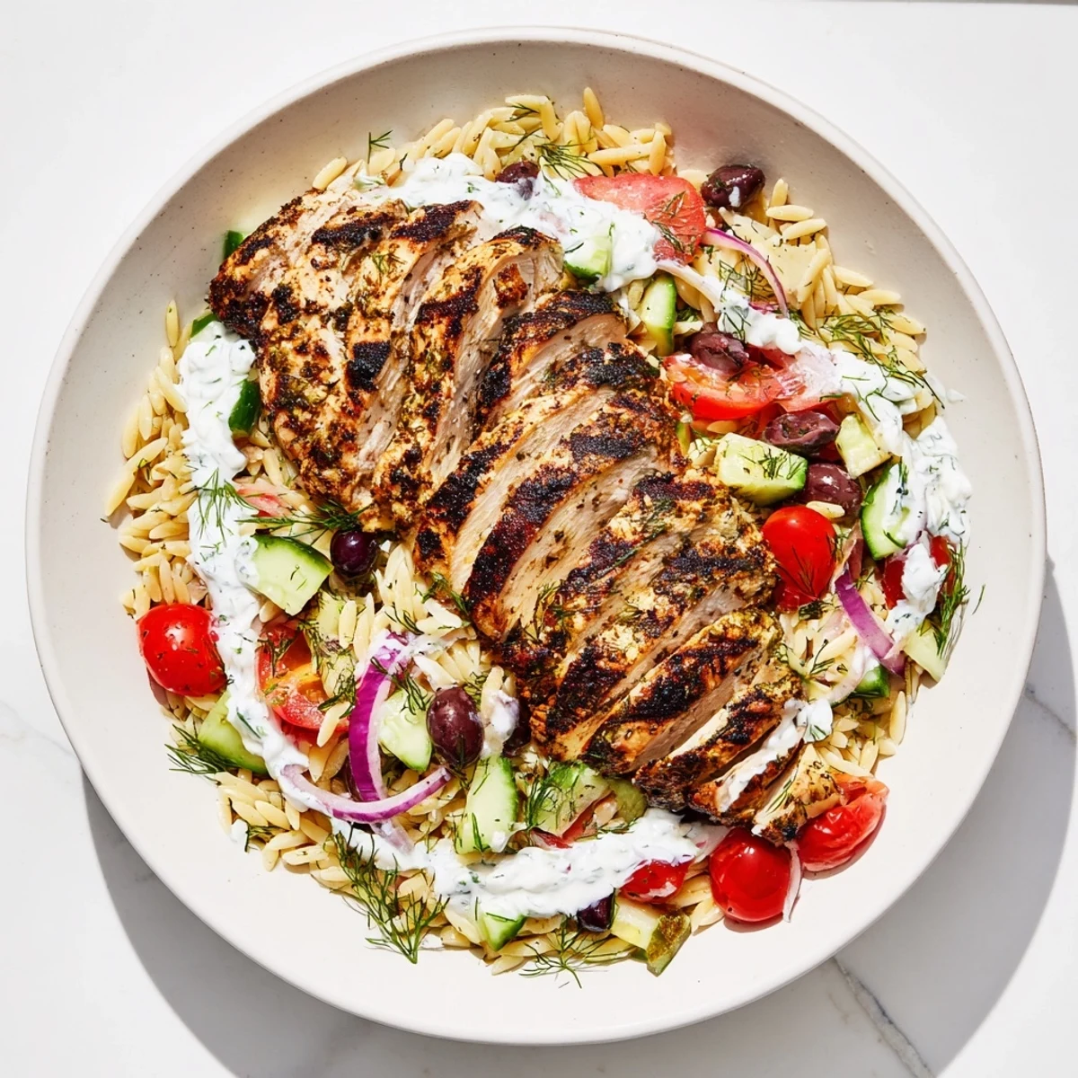 Greek Chicken Gyro Pasta Bowls with grilled chicken and creamy feta-yogurt sauce, full of fresh flavors.